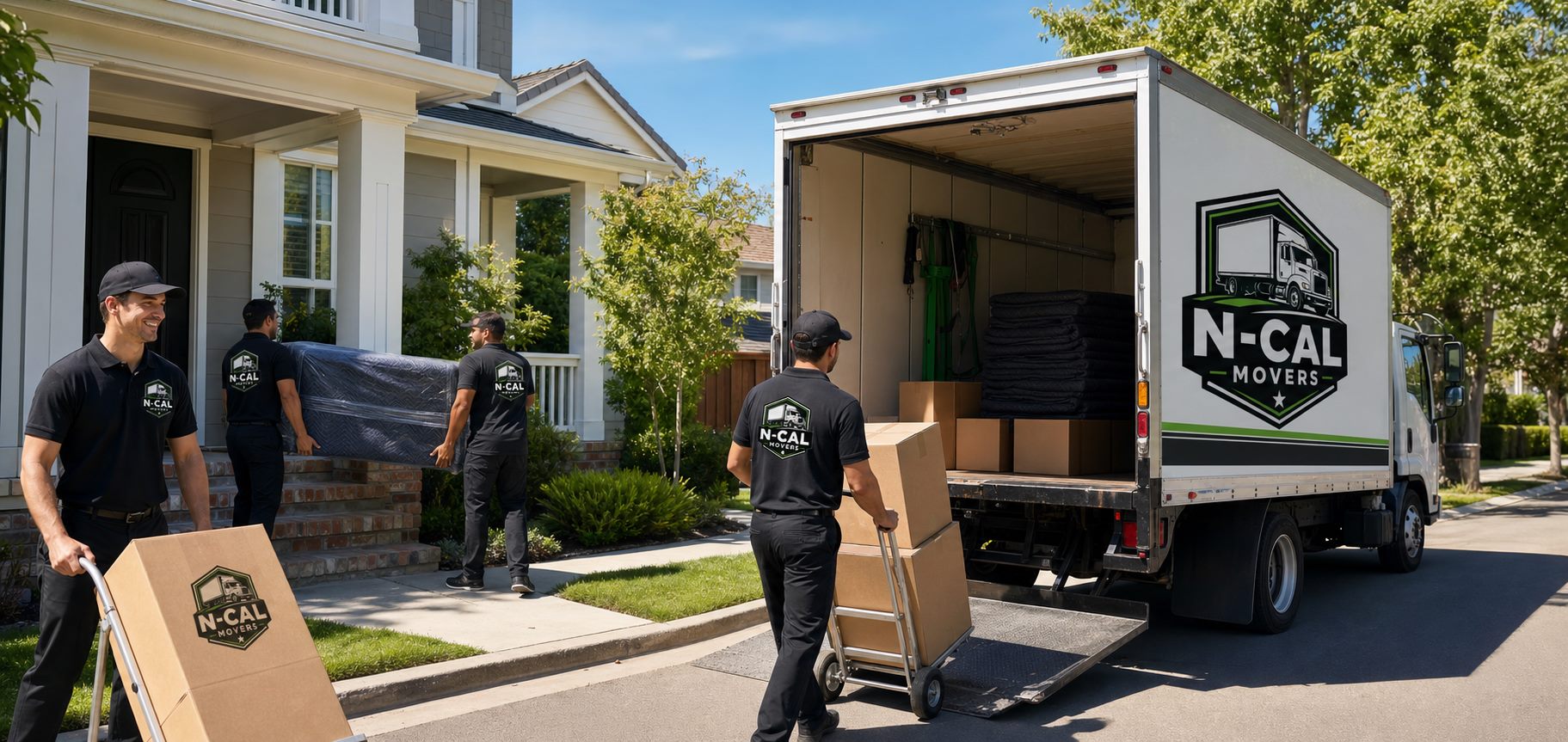 N-Cal Movers local moving truck and crew at a home