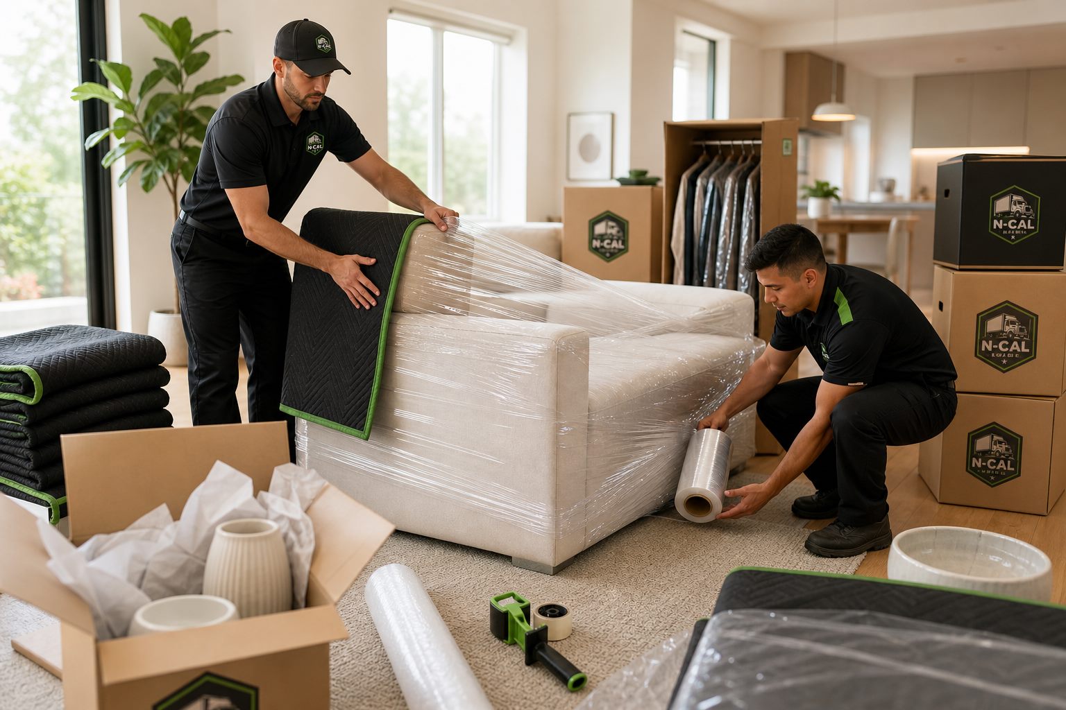 N-Cal Movers packing service with protected furniture and boxes